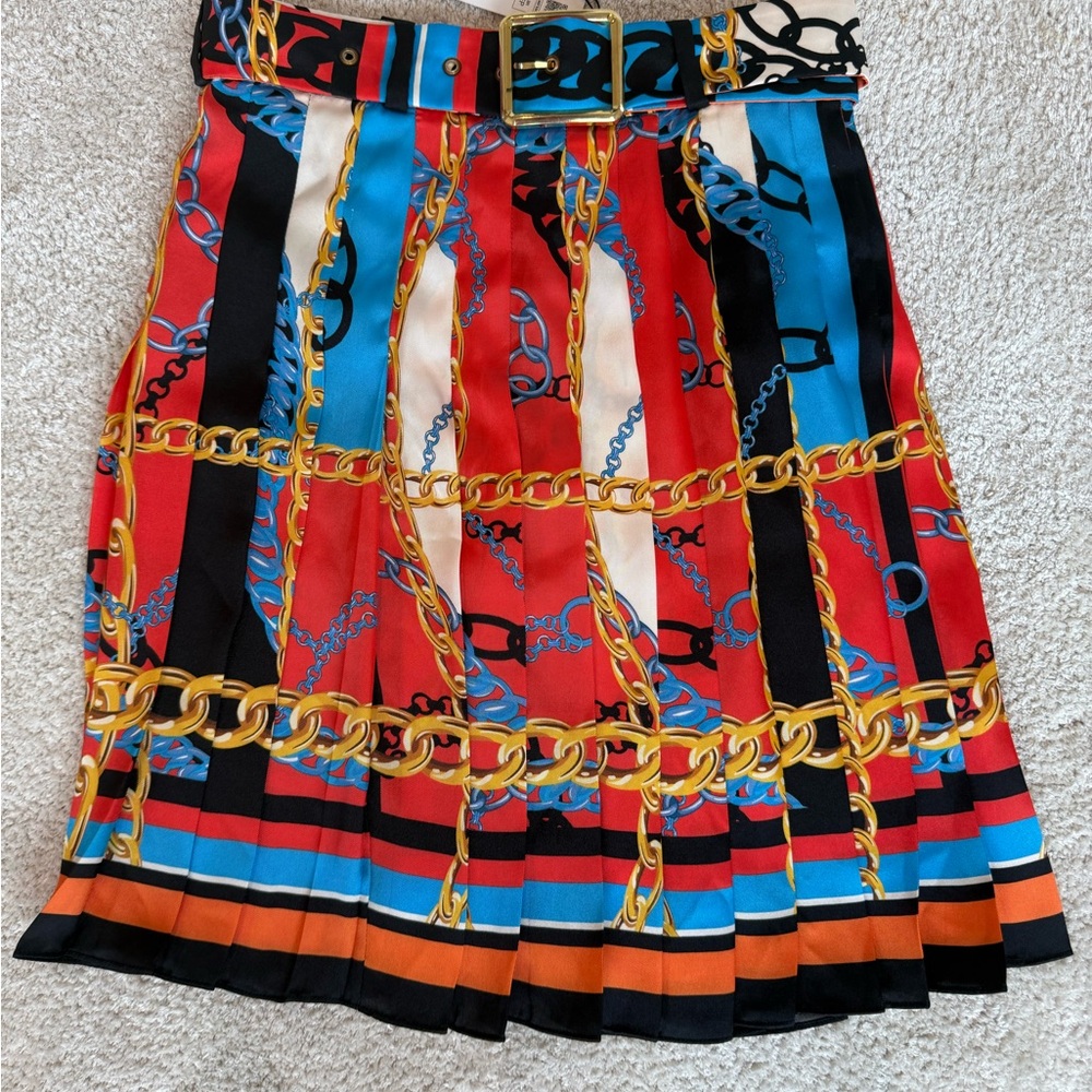 Zara Red and Blue Chain Print A-Line Skirt